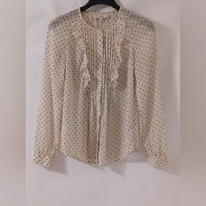 LOFT Ann Taylor Sheer Button Up, Star Print Pleated Ruffle, Long Sleeve, Small